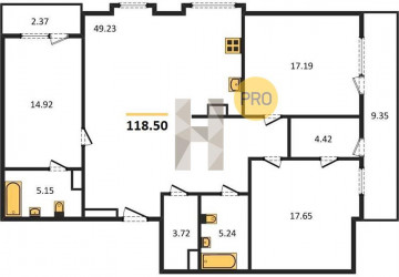 Трёхкомнатная квартира 118.5 м²