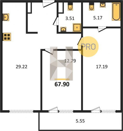 Двухкомнатная квартира 67.9 м²