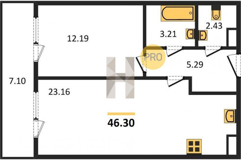 Однокомнатная квартира 46.3 м²
