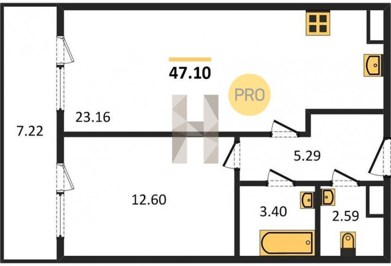 Однокомнатная квартира 47.1 м²