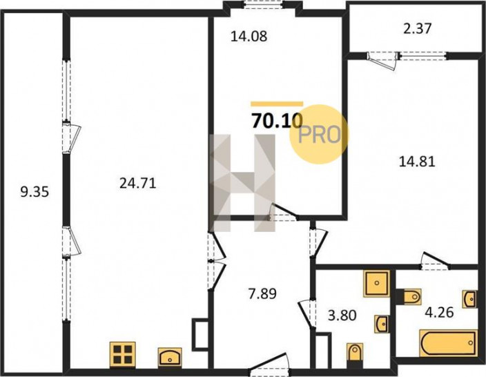 Двухкомнатная квартира 70.1 м²