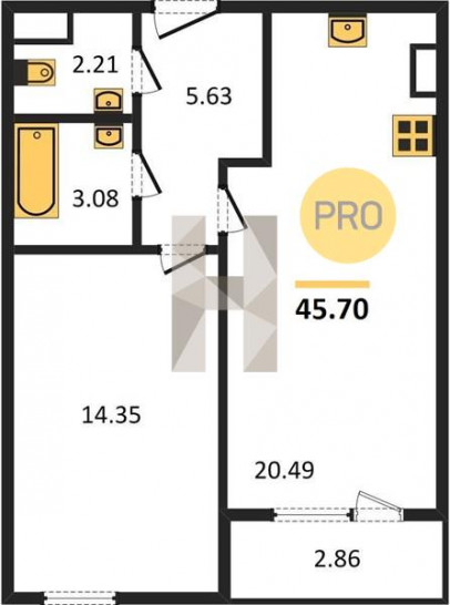 Однокомнатная квартира 45.7 м²