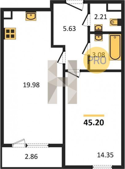 Однокомнатная квартира 45.2 м²