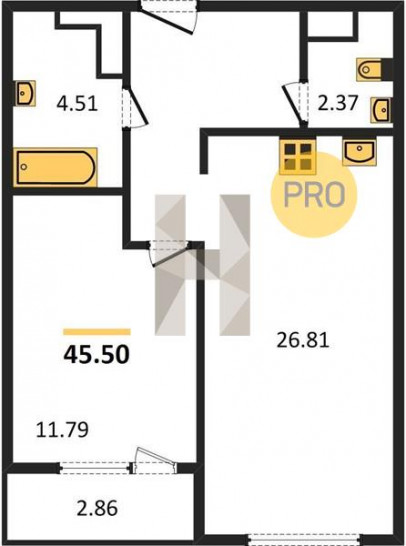 Однокомнатная квартира 45.5 м²