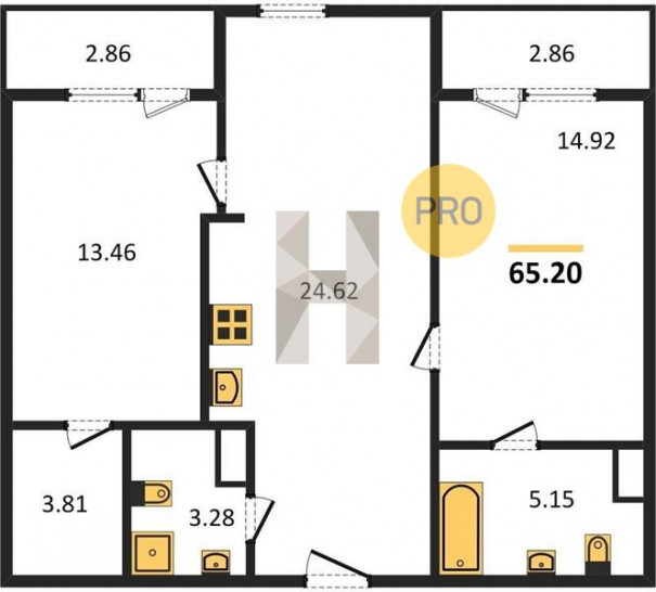 Двухкомнатная квартира 65.2 м²