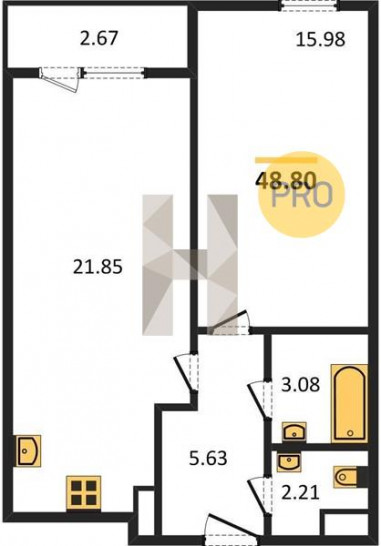 Однокомнатная квартира 48.8 м²