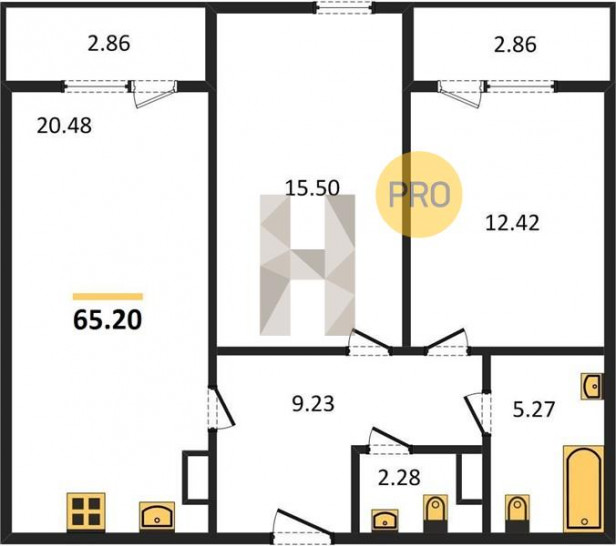 Двухкомнатная квартира 65.2 м²