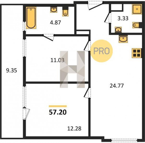 Двухкомнатная квартира 57.2 м²