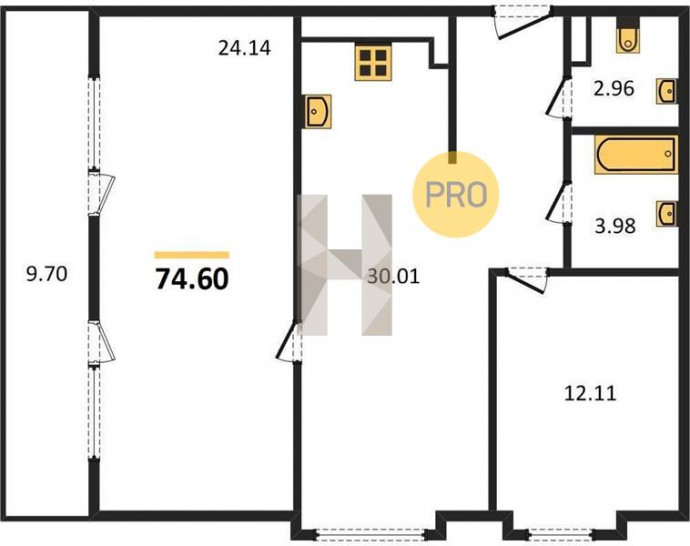 Двухкомнатная квартира 74.6 м²