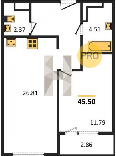 Однокомнатная квартира 45.5 м²