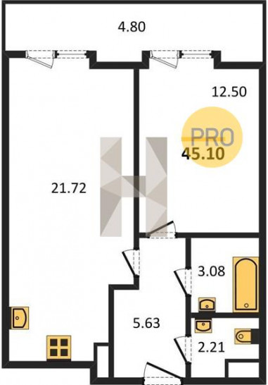 Однокомнатная квартира 45.1 м²