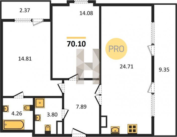 Двухкомнатная квартира 70.1 м²
