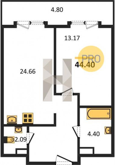 Однокомнатная квартира 44.4 м²