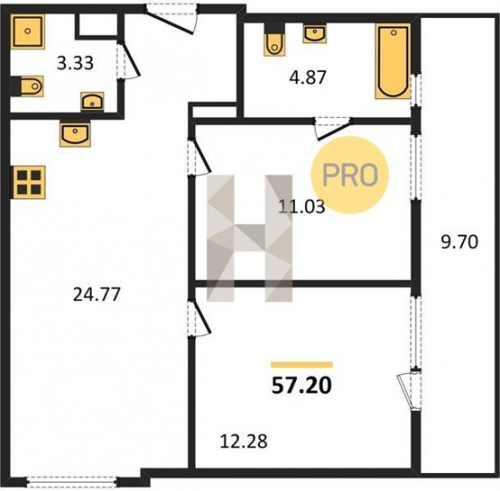 Двухкомнатная квартира 57.2 м²