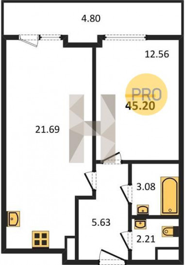 Однокомнатная квартира 45.2 м²
